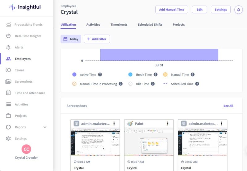Employee screenshots and details in Insightful.