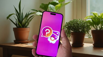 An image showing a hand holding a phone with Instagram's logo and colors on it, with a big question mark, set against a sunny background with a wooden desk and potted plants on it.