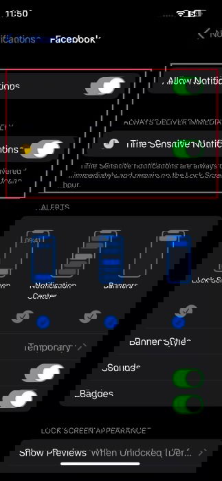 Turning on toggles for "Allow Notifications" and "Time Sensitive Notifications" options on iPhone.