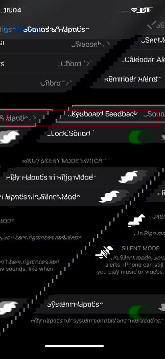 Selecting "Keyboard feedback" option in iPhone Settings.