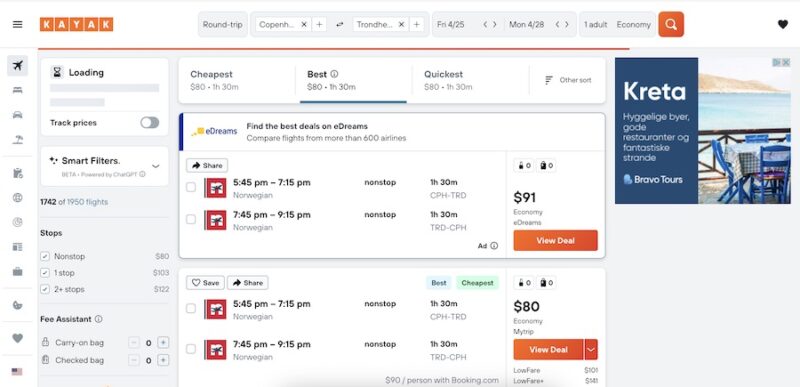Browsing flights on the Kayak website