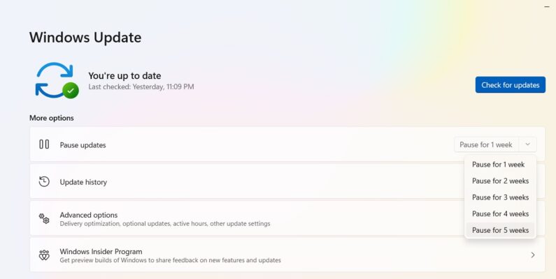 Pause Windows Updates for up to five weeks. 