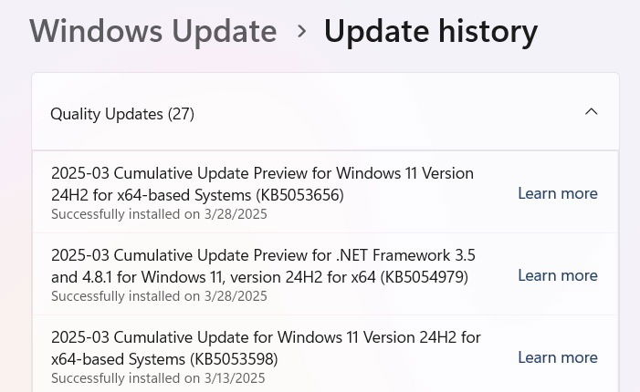 Windows 11 update history (Quality updates) for January and March 2025, 
