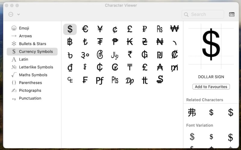 macos currency symbols