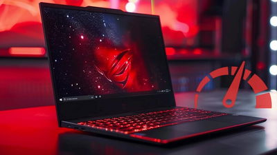 Gaming laptop on a table with red background