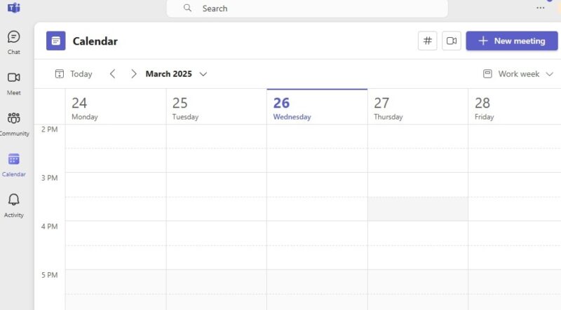 Viewing the Calendar in Microsoft Teams.