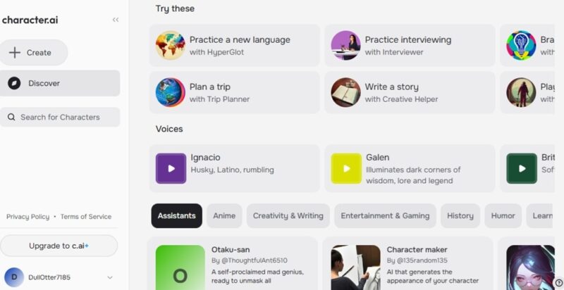 Finding new AI characters on Character.AI