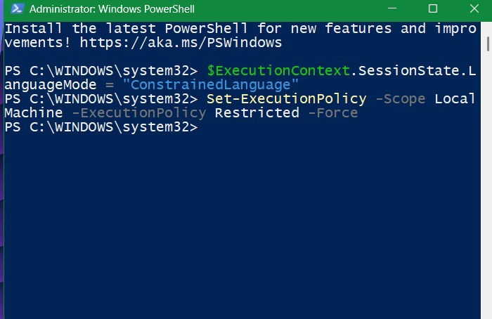 Changing PowerShell to a Constrained Language setting to avoid web commands.