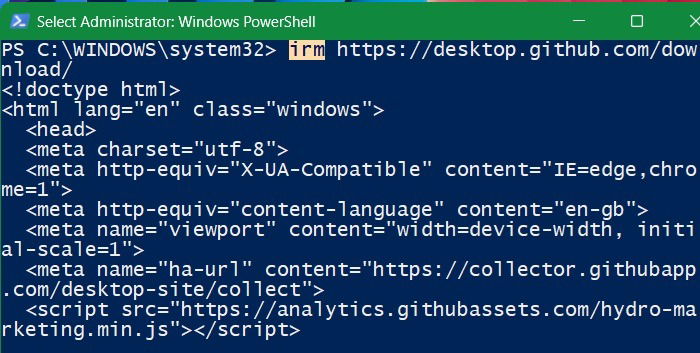 Downloading GitHub desktop software using "irm" command in PowerShell.