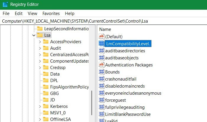 Lsa (Local Security Authority) registry key and "LmCompatibleLevel" DWORD.