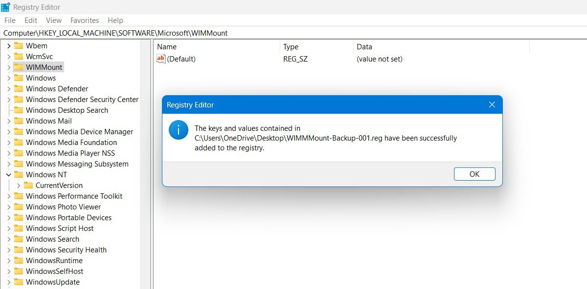 Saved registry key and values successfully readded to Registry Editor.