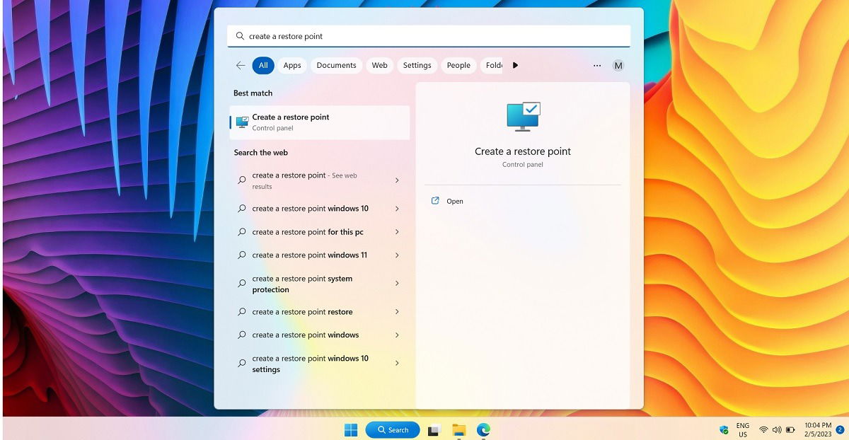 Search Create a Restore Point in Windows Search menu.