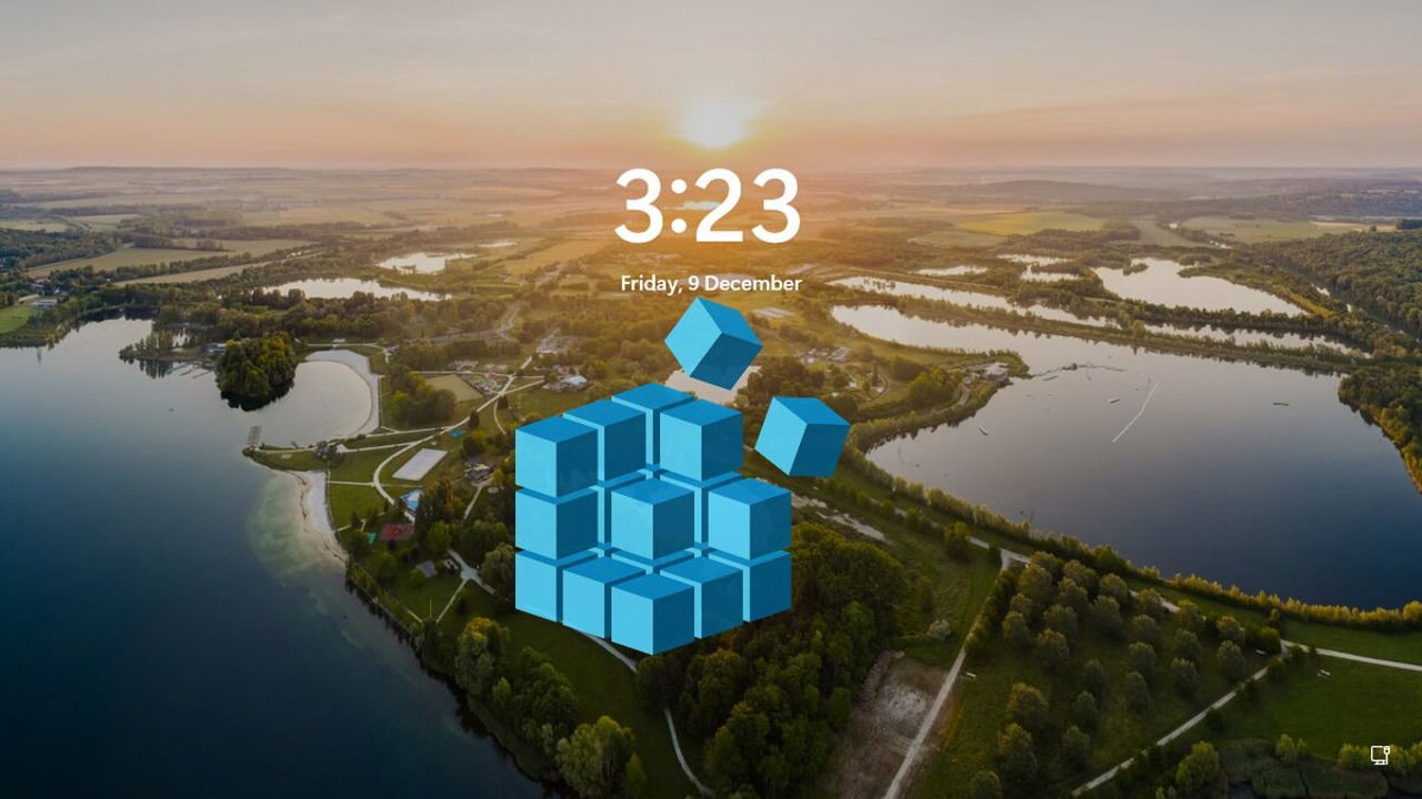 Windows lock screen wallpaper landscape with registry icon in middle