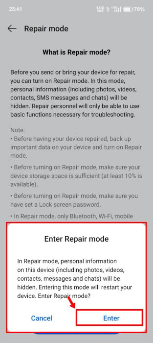 Confirming that you want to enter Repair mode on your Android