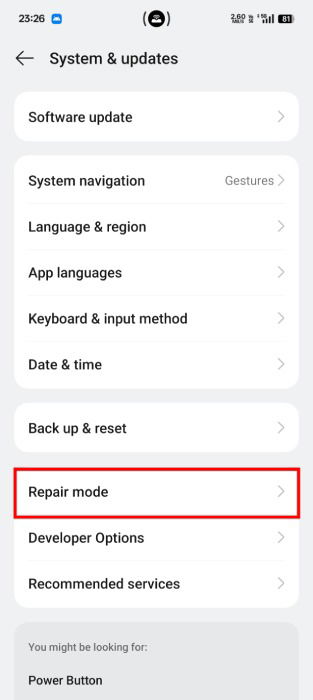 Choosing Repair mode In Android