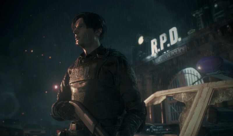 An image of Leon Kennedy, a police officer, holding a shotfun outside the Raccoon City Police Department from the Reisdent Evil 2 game remake. 