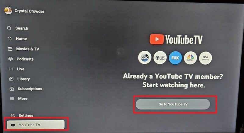 Accessing YouTube TV via YouTube app.