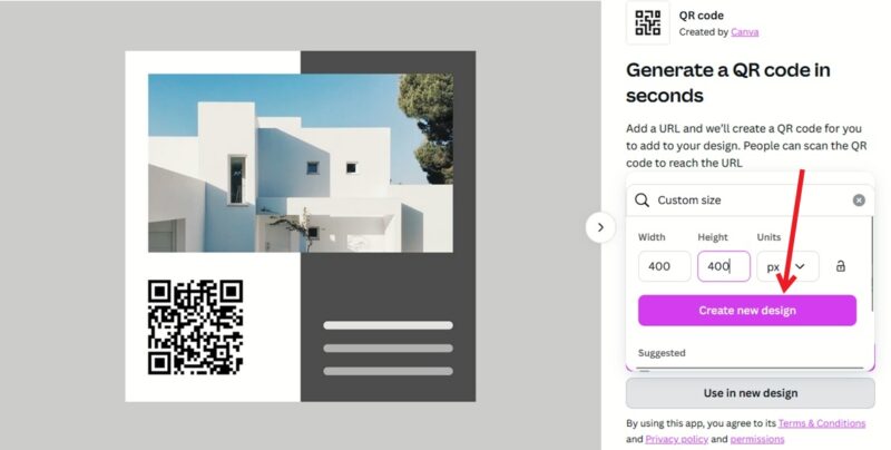 Clicking on "Create new design" button in Canva after setting QR code size.