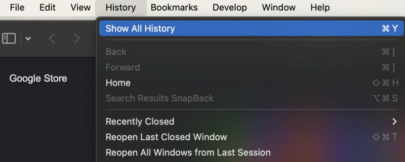 Safari browser menu - Show All History