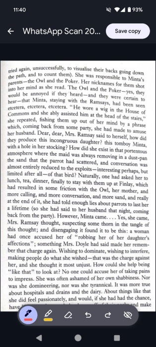 Editing received scan in Google Docs app on Android.