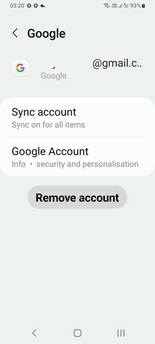 The option to remove a Google account from an Android device.