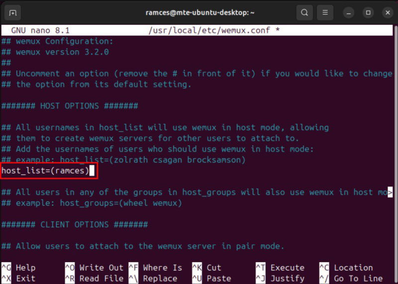 A terminal highlighting the host_list variable on the Wemux config file.
