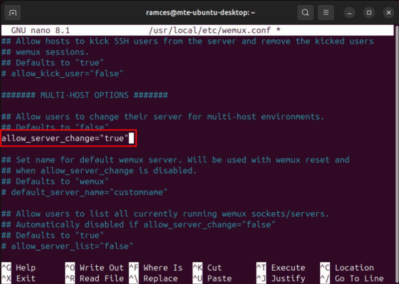 A screenshot highlighting the allow_server_change variable on the Wemux config file.