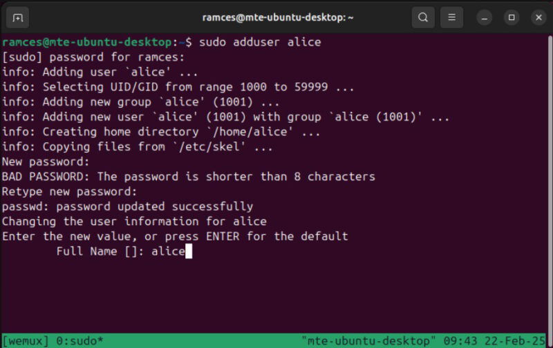 A terminal showing the process of creating a new guest user for Wemux.