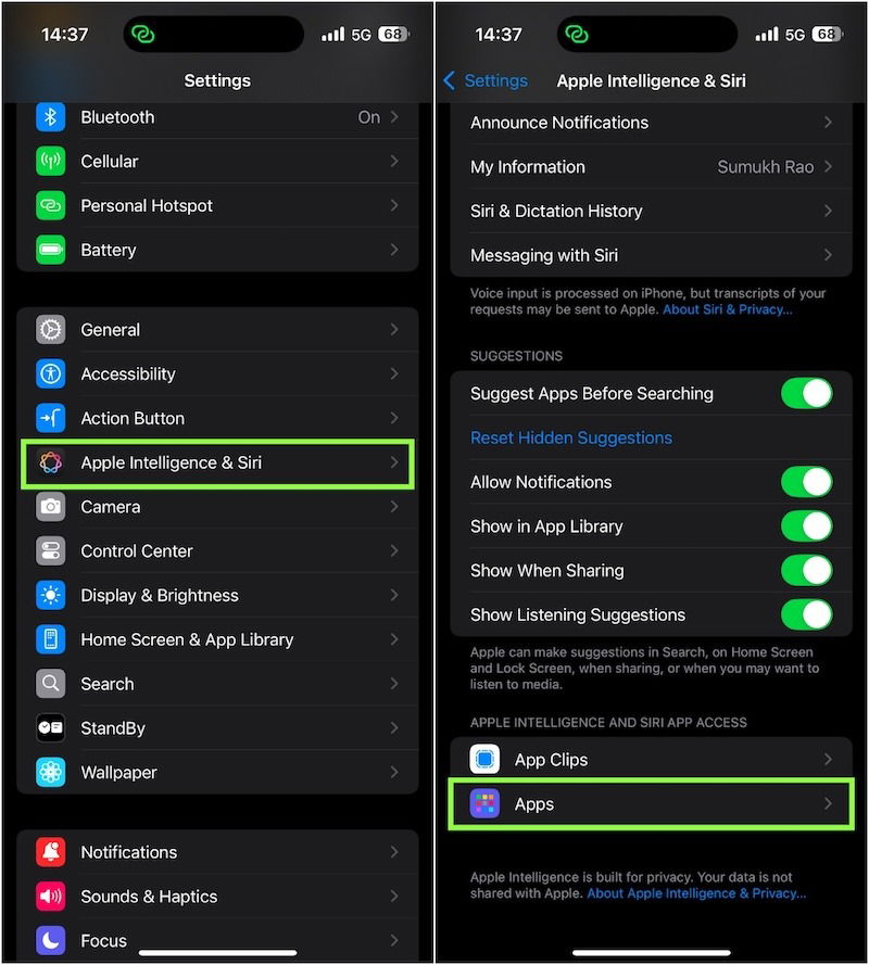 Siri Search And Suggestions Settings