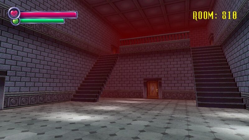 A screenshot from one of the best horror games that are free, Spooky's Jump Scare mansion. The image shows a huge hall with stairs on either side, and the upper story is bathed in a red glow, emitting an overall ominous aura.