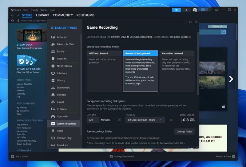 Steam Game Recording Main Screen