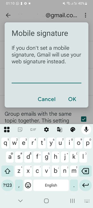 Setting a mobile signature on Gmail app in Android.