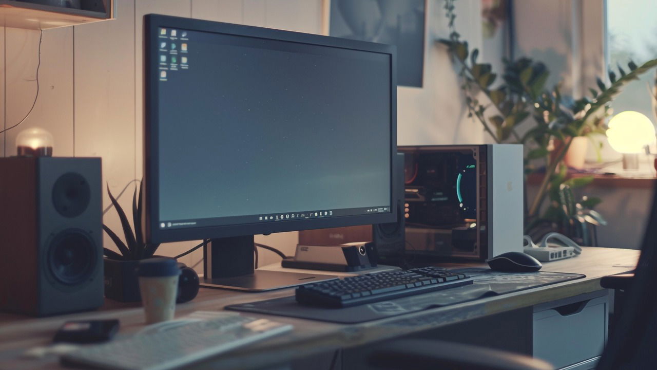 Full computer setup on a table with monitor in focus