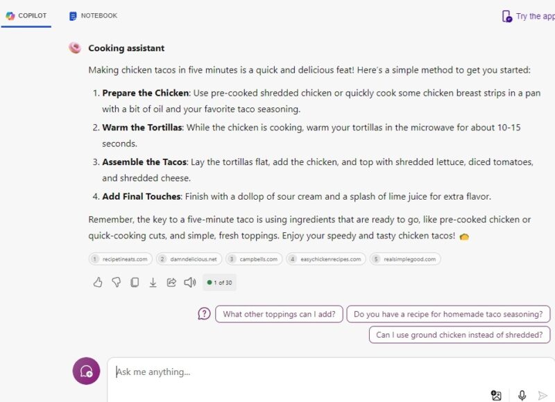 A chicken taco recipe from Microsoft Copilot's Cooking Assistant.