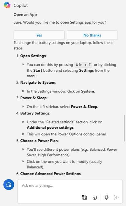 Changing battery settings using Copilot in Windows.