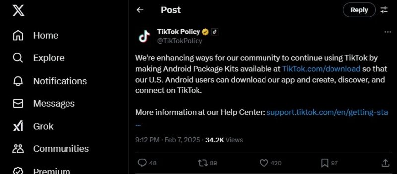 TikTok Android App announcement on X