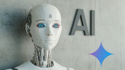 AI robot standing in front of AI logo with Gemini logo in front