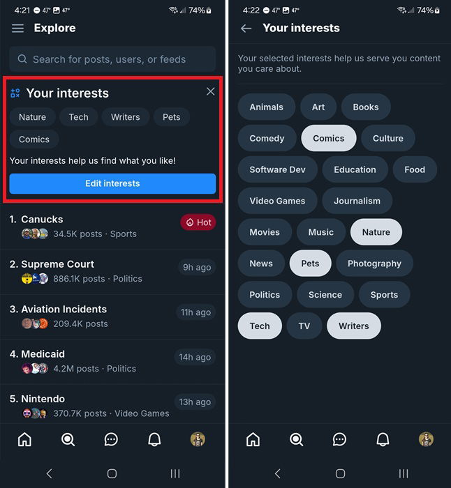 Changing interests on Bluesky.