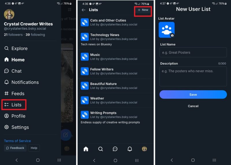 Creating lists in Bluesky.