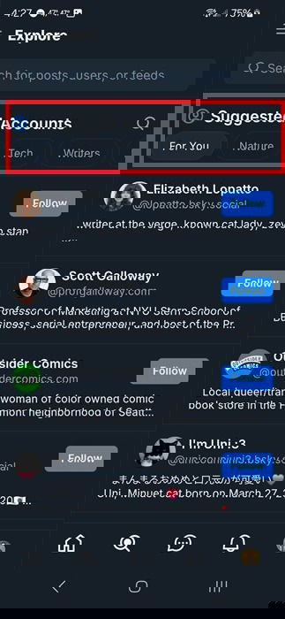 Finding new users to follow under Suggested Accounts.