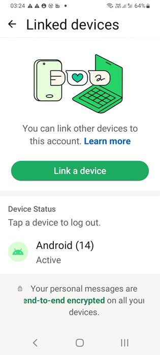 Active and linked companion Android 14 device visible on primary phone.