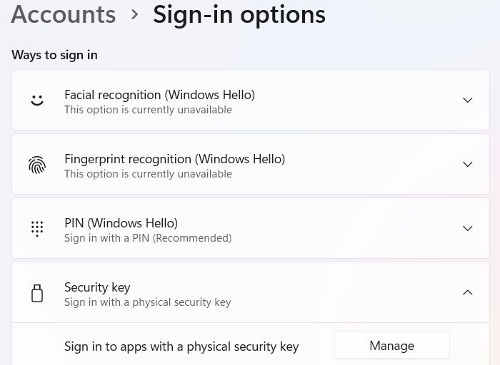 Windows 11 native sign-in options including the "security key."