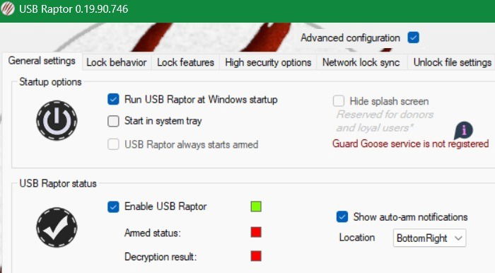 USB Raptor Advanced configuration and running it at Windows Startup.