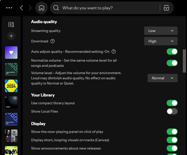 Adjusting audio quality on Spotify desktop.