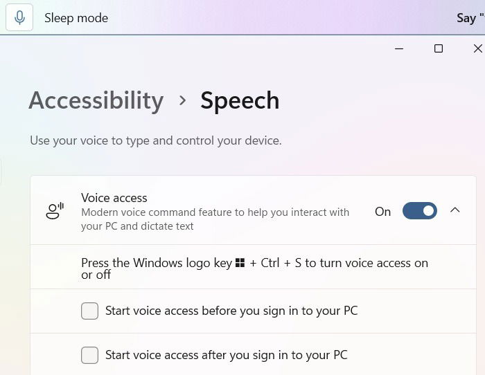 Voice Access setting enabled in "Accessibility" of Windows 11.