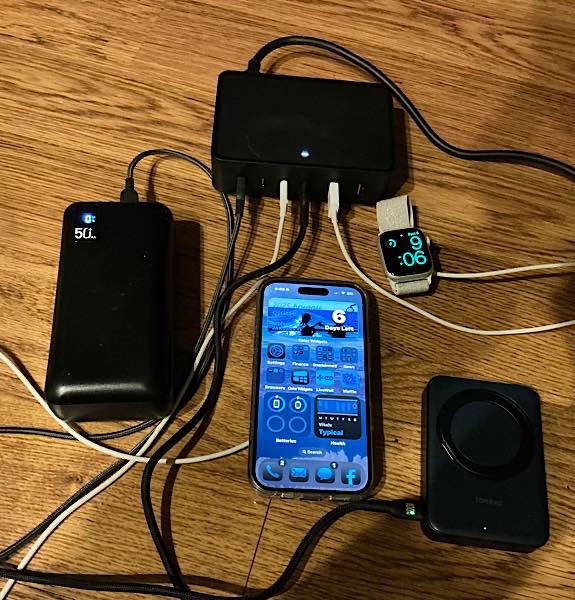 Charging my iPhone 16, Apple Watch, power bank, and magnetic charger