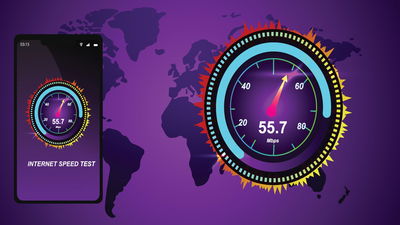 Purple world map with internet speed meters