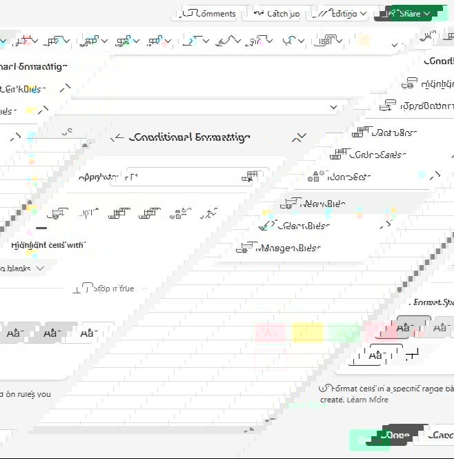 Setting up conditional formatting in Excel.