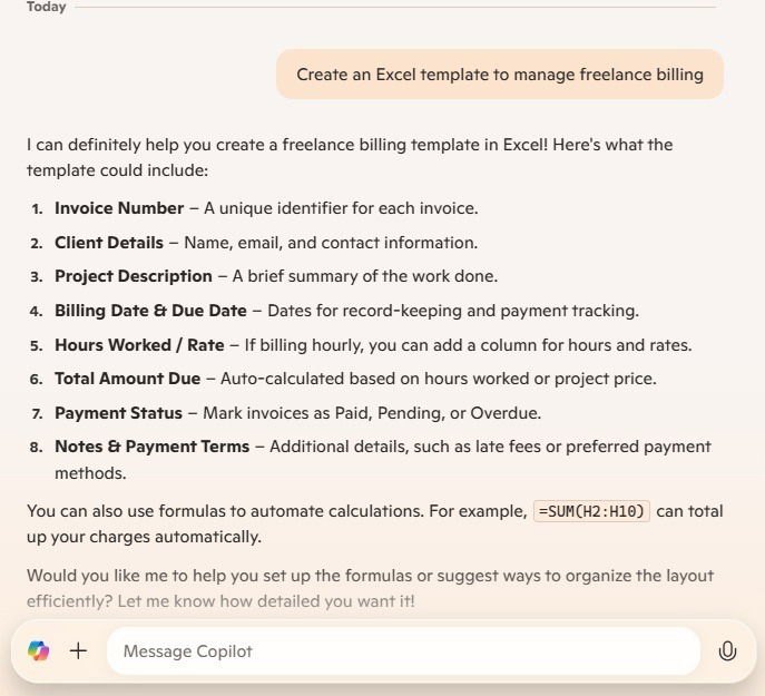 Using Copilot to create an Excel template.