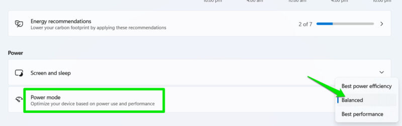 Power mode section in Windows Settings